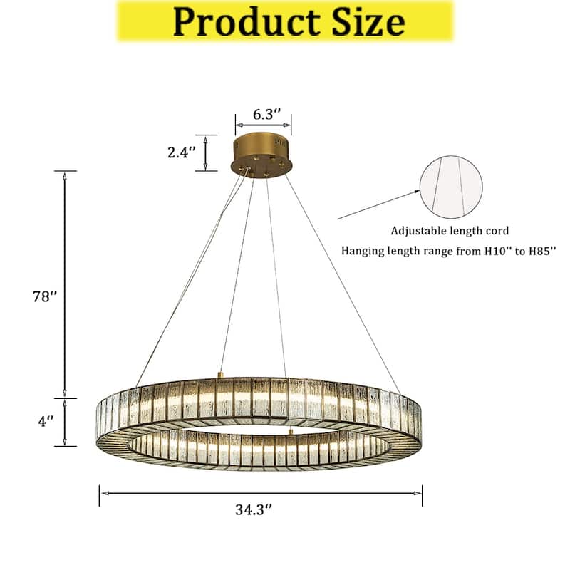 CraftHome 34'' Modern Halo Round Textured Glass Integrated Led Chandelier Brass Empire Led Ceiling Light For Dining Room - W34''