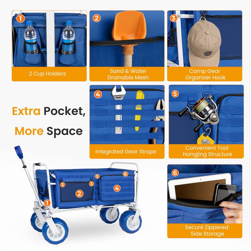 Beach Wagon Cart, 500lbs Heavy Duty Collapsible Folding Wagon, Oversized 150L, 9" PVC All-Terrain Wheels, Adjustable Handle