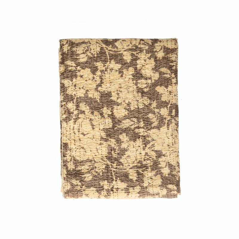 HomeRoots 50" X 70" Orange and Blue Kantha Cotton Floral Throw Blanket with Embroidery