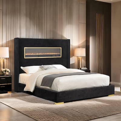 Furniture of America Stephanie Modern Boucle Bed with 3D Fireplace Simulator and Bluetooth Audio