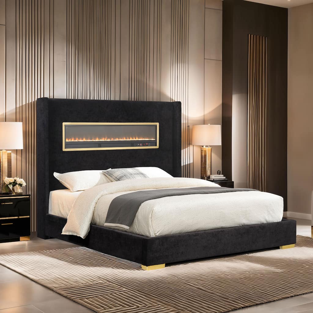 Furniture of America Stephanie Modern Boucle Bed with 3D Fireplace Simulator and Bluetooth Audio