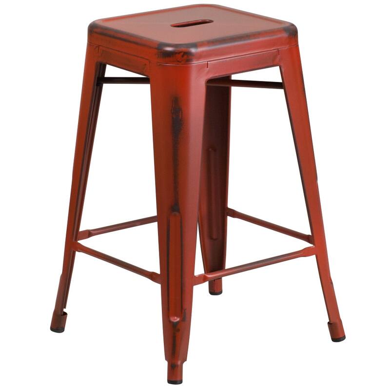 24" High Backless Distressed Metal Indoor-Outdoor Counter Height Stool