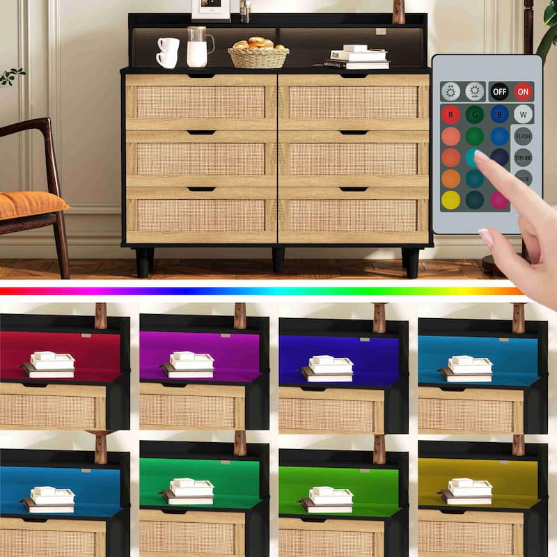 43.31"6-Drawers Rattan Storage Cabinet Rattan Drawer with LED Lights and Power Outlet