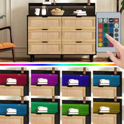 43.31"6-Drawers Rattan Storage Cabinet Rattan Drawer with LED Lights and Power Outlet