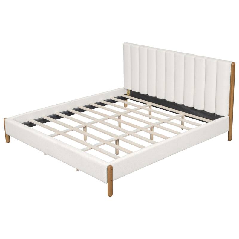 Versatile Upholstered Platform Bed with Solid Wood Legs, Queen/King Size Boucle Fabric Bed Frame with Vertical Stripes Headboard