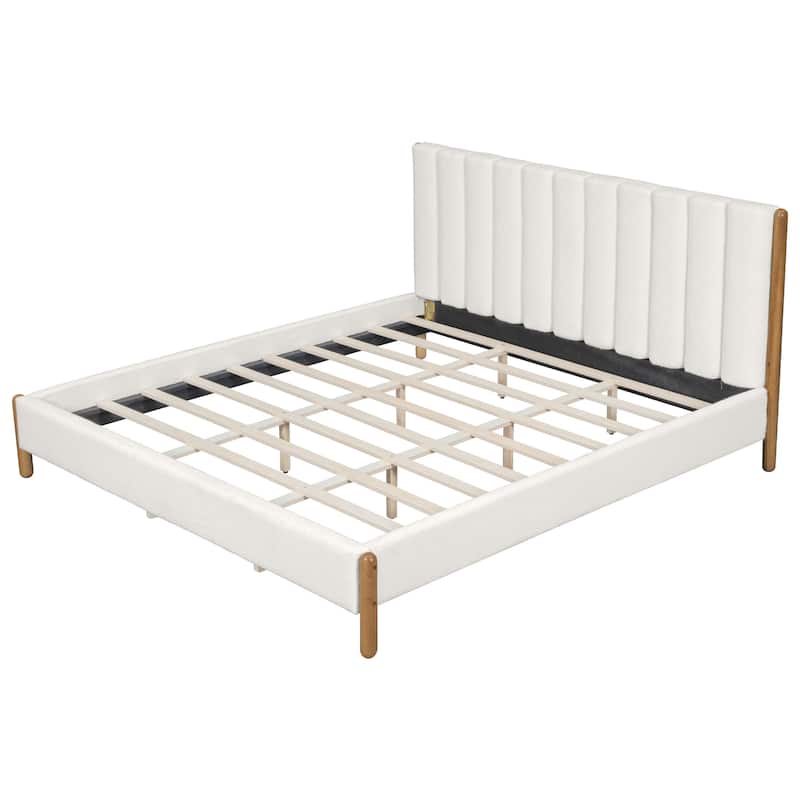 White Low Profile Bed Boucle Upholstered Bed with Oval Bed Legs, Wood Slat Support Platform Bed Frame Center Support Legs