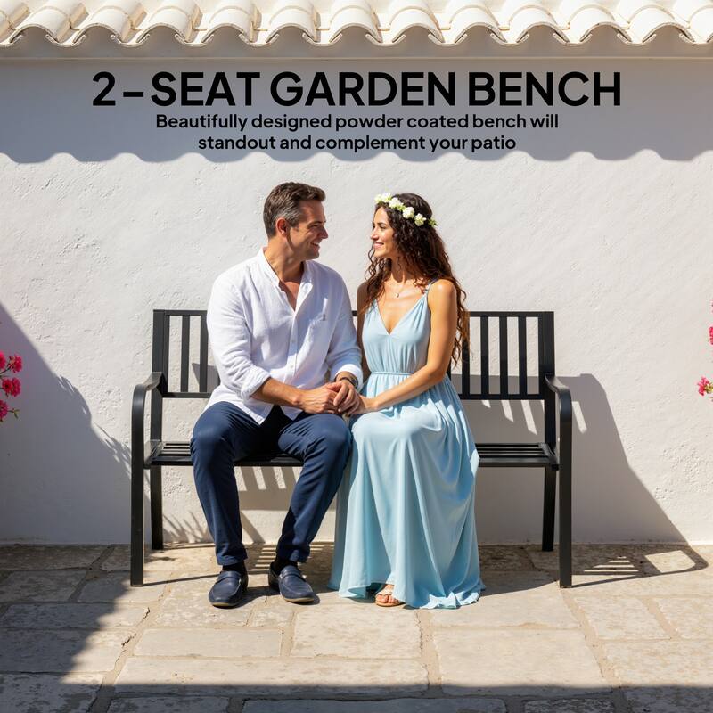 Outsunny 50" Slatted Steel Outdoor Decorative Patio Lawn Garden Park Bench with Durable Rust-Fighting Material