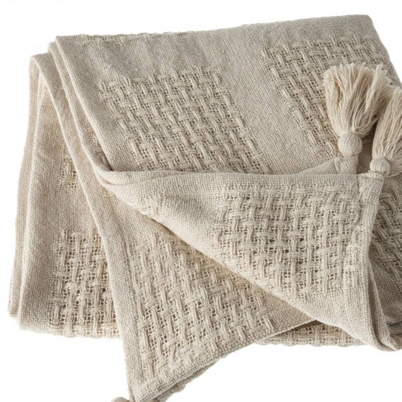 HomeRoots 50" X 60" Cream Cotton Woven Throw Blanket with Tassels