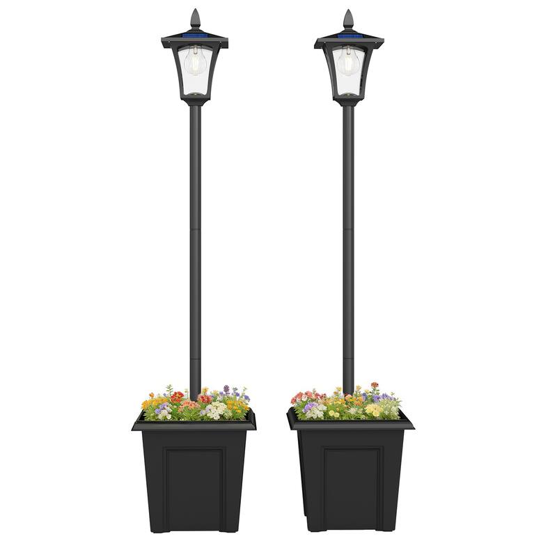 Outsunny 63" Solar Lamp Post Lights 2 Pack, Waterproof LED Solar Light Posts with Planter, Outdoor Lamps for Patio - Black