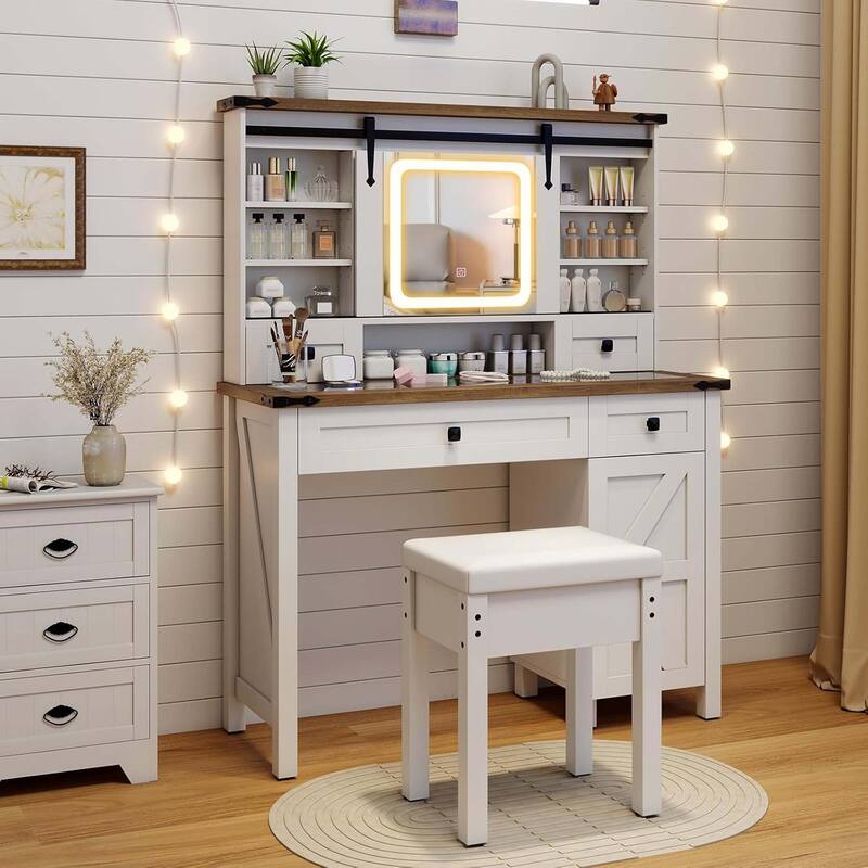 42'' Farmhouse Makeup Table & Stool Vanity Set w/ Mirror & Lights