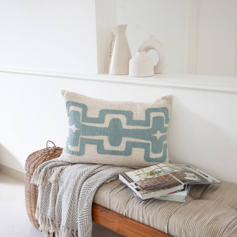 HomeRoots 16" X 24" Light Blue And Ivory 100% Cotton Geometric Zippered Pillow