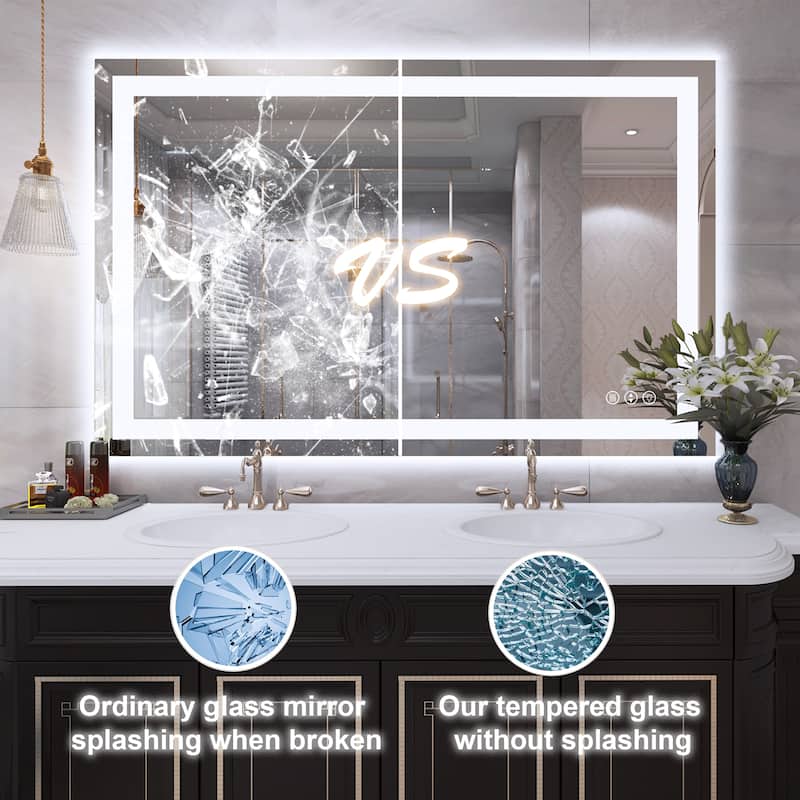 48 in. W x 32 in. H Rectangular Tempered Glass Frameless Anti-Fog Dimmable Wall Mounted Bathroom Vanity Mirror