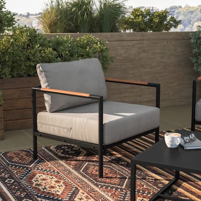 Metal Frame Patio Chair with Teak Arm Accents and Plush Cushions