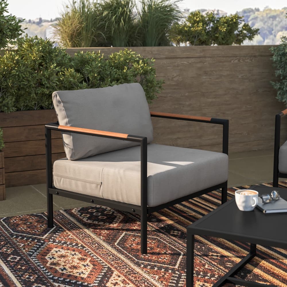 Metal Frame Patio Chair with Teak Arm Accents and Plush Cushions