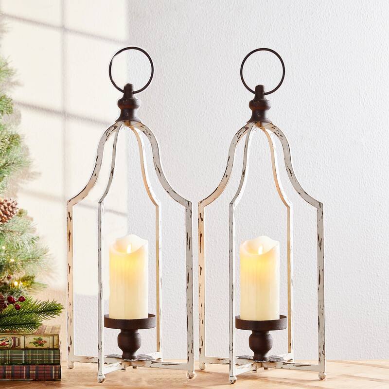 Glitzhome Farmhouse Metal Decorative Lanterns Candle Holder with Handle Wedding Decor