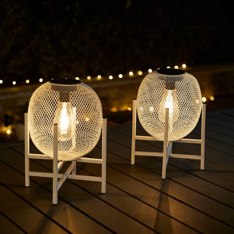 Glitzhome 11.5"H Set of 2 Mesh Edison Bulb Outdoor Solar Lantern with Stand - 11.5"H White