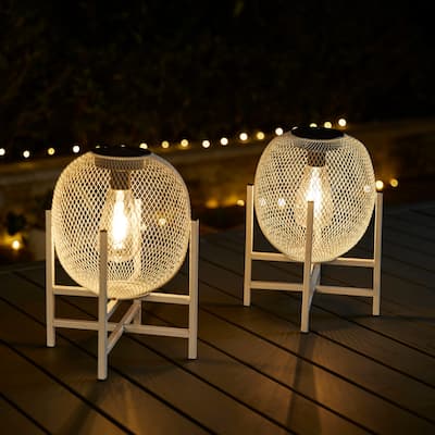 Glitzhome 11.5"H White Metal Mesh Solar Powered Outdoor Lantern with Stand
