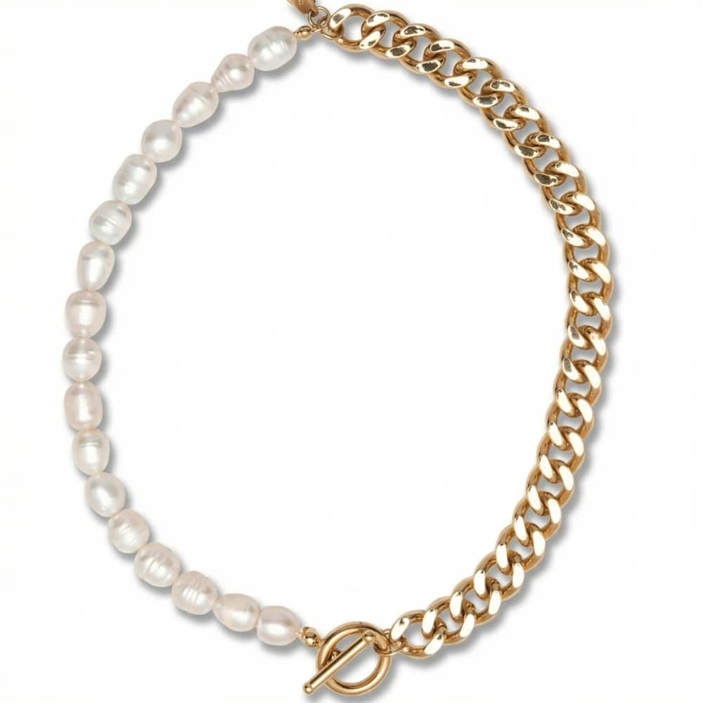 Bliss Diamond Yellow Gold Plated Fresh Water Pearl And Curb Link Necklace 18" Toggle Clasp