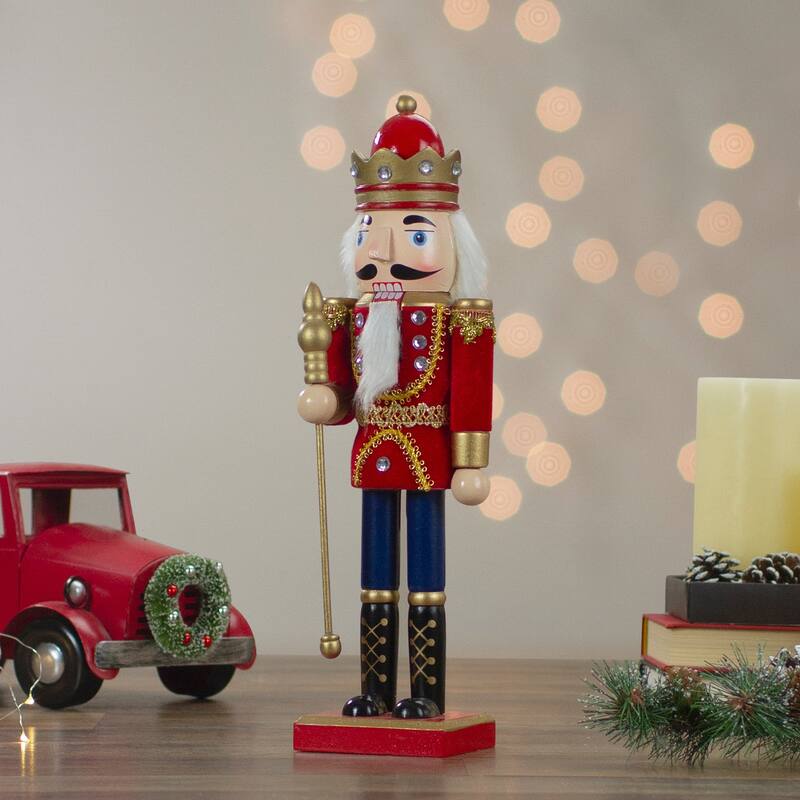 14" Red Gold Christmas Nutcracker King Scepter Tabletop Figurine