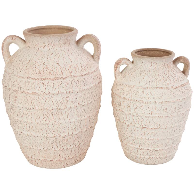 Cream Ceramic Textured Decorative Vase with Handles and Terracotta Accents (Set of 2)