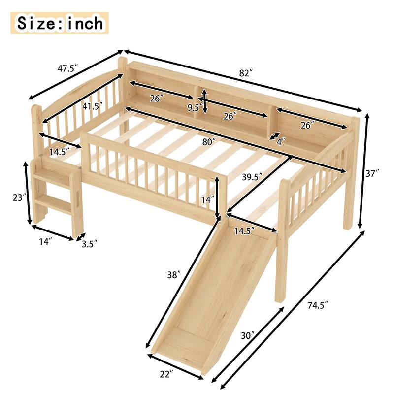 Twin XL Loft Bed with Storage Shelves, LED Lights & Guardrails