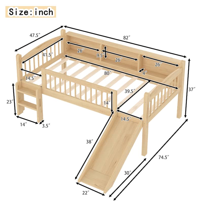 Twin XL Loft Bed with Storage Shelves, Solid Wood Lower Loft Bed with LED Lights and Full-length Guardrails