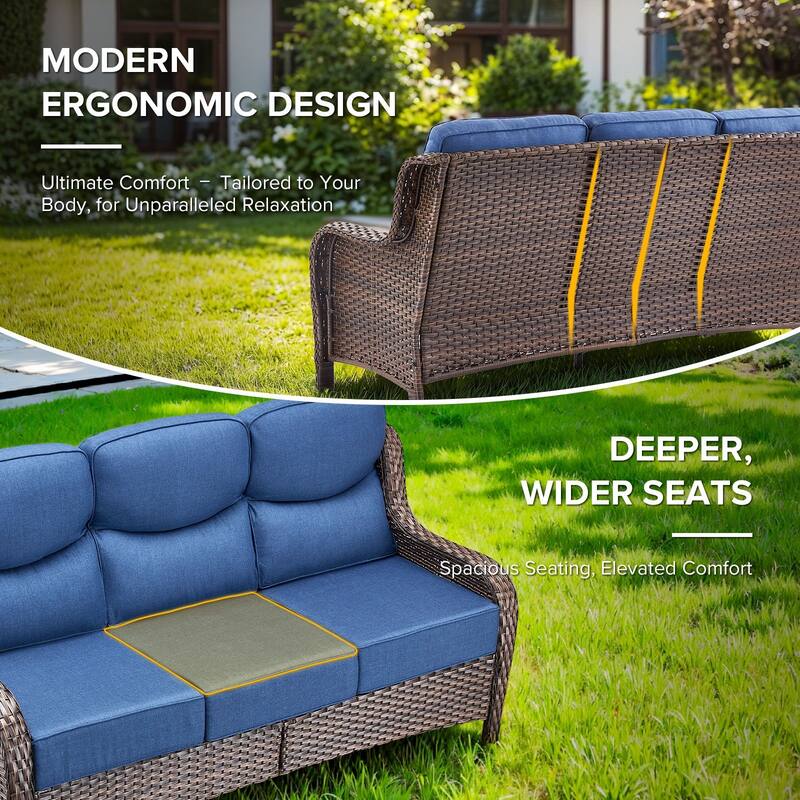 Gymojoy 9-Piece Wicker Patio Furniture Sofa Set with Fire Pit Table, 6-Inch Thick Cushion Swivel Glider Chairs & Ottomans