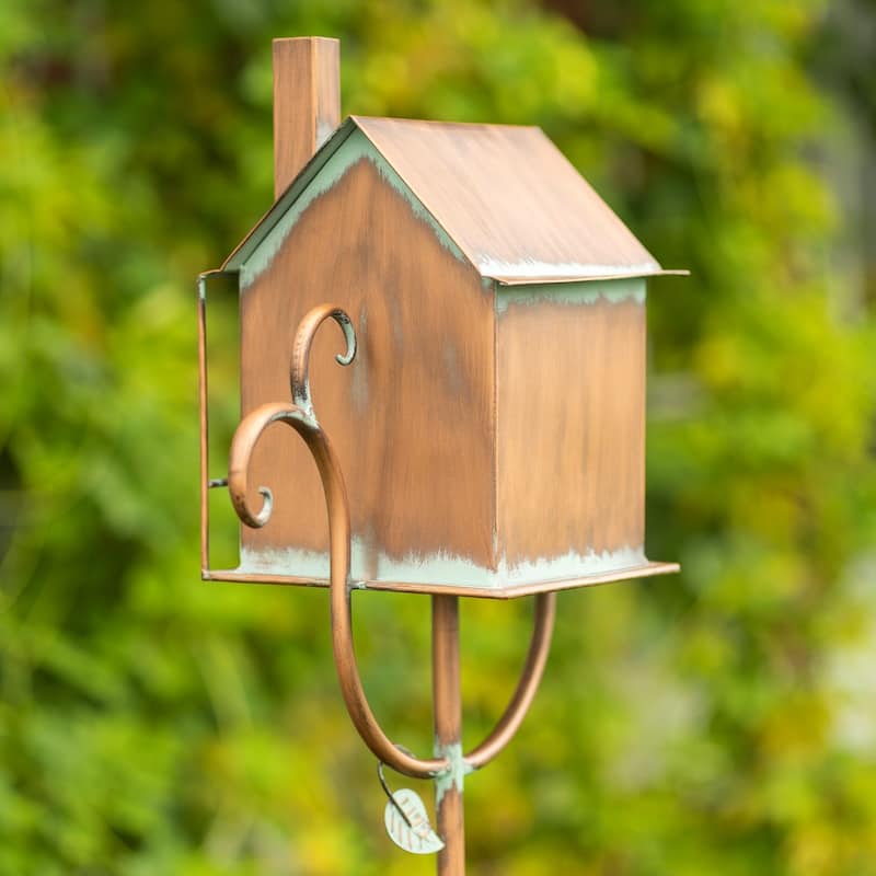 63" Tall Colonial Style Birdhouse Garden Stake in Antique Copper