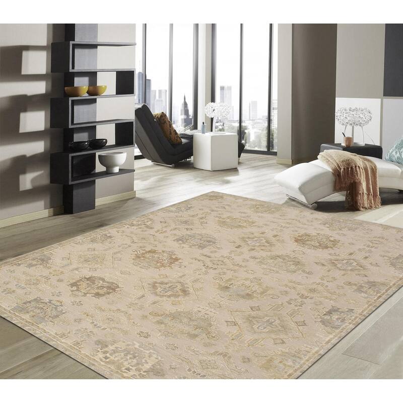 Pasargad Home Oushak Hand-Knotted Beige/Green Wool Area Rug