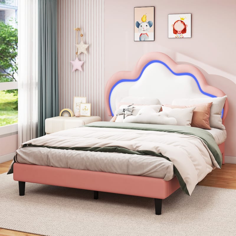 Moasis PU Adjustable Cloud Headboard Bed Frame Platform with LED