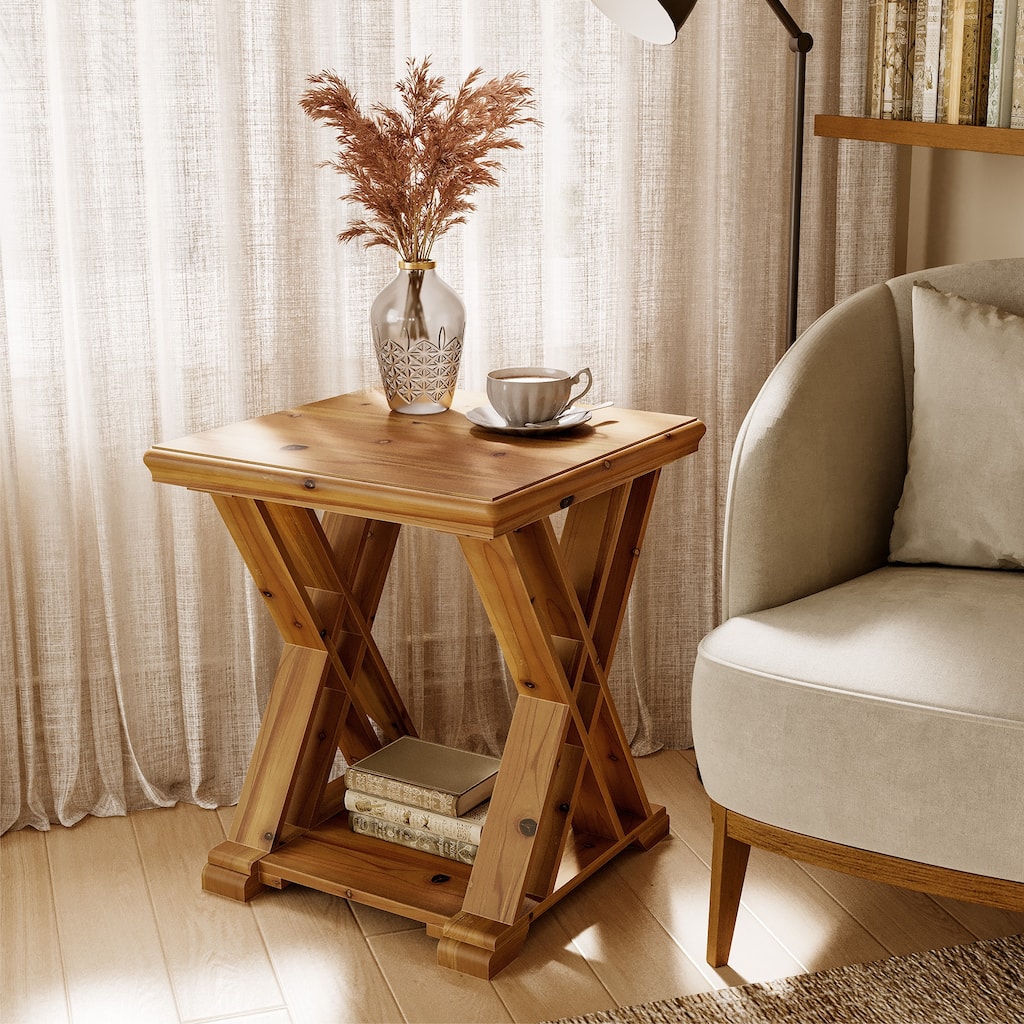 2-Tier Solid Wood End Table with Storage, 20 Inch Square Side Table
