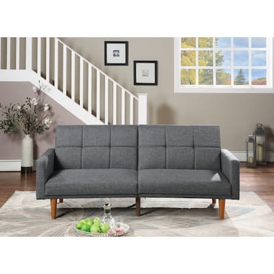 Convertible Sofa Bed in Light Grey Fabric with Tufted Cushions and Wooden Legs