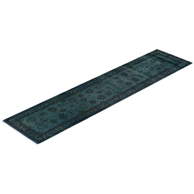 Overton Hand Knotted Wool Vintage Inspired Modern Contemporary Overdyed Blue Runner Rug - 2' 7" x 11' 0"