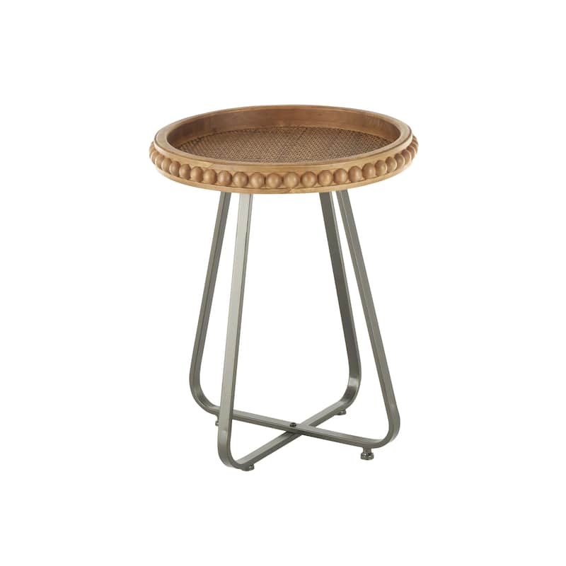 Wood Beaded Accent Table with Rounded Gray Metal Base and Rattan Accent - Brown - Roche River Decor