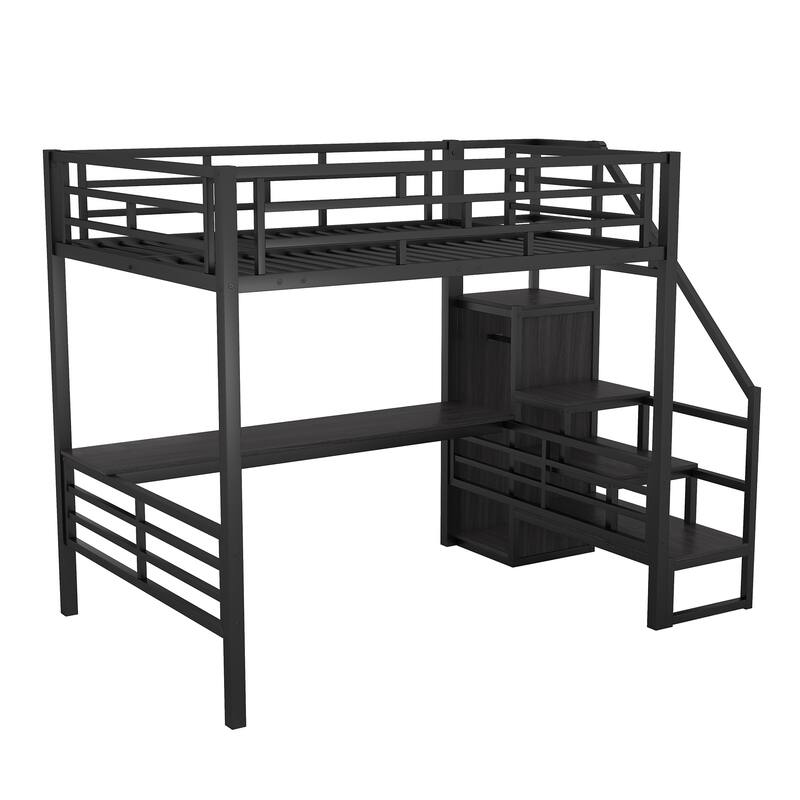 Sturdy Metal Bedframe with Builtin Desk & Wardrobe, Full Size Loft Bed