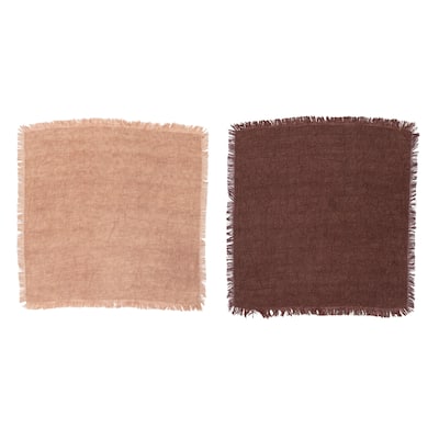 Square Linen Napkins with Fringe, Putty Orange and Aubergine, Set of 4 - 18.0"L x 18.0"W x 0.3"H