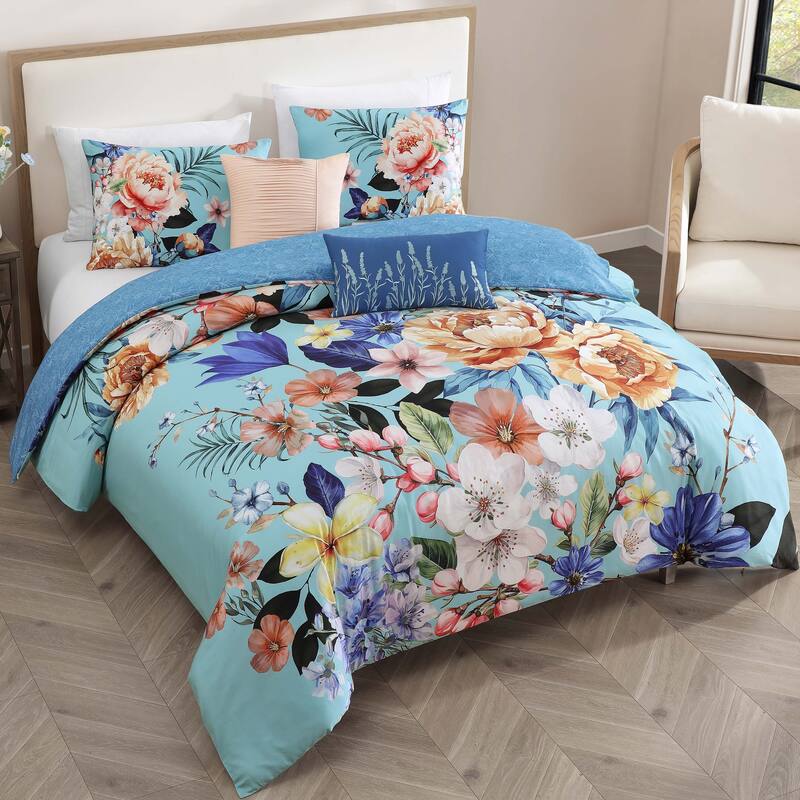 Bebejan Turquoise Reverie 100% Cotton Sateen 5 Piece Reversible Comforter Set