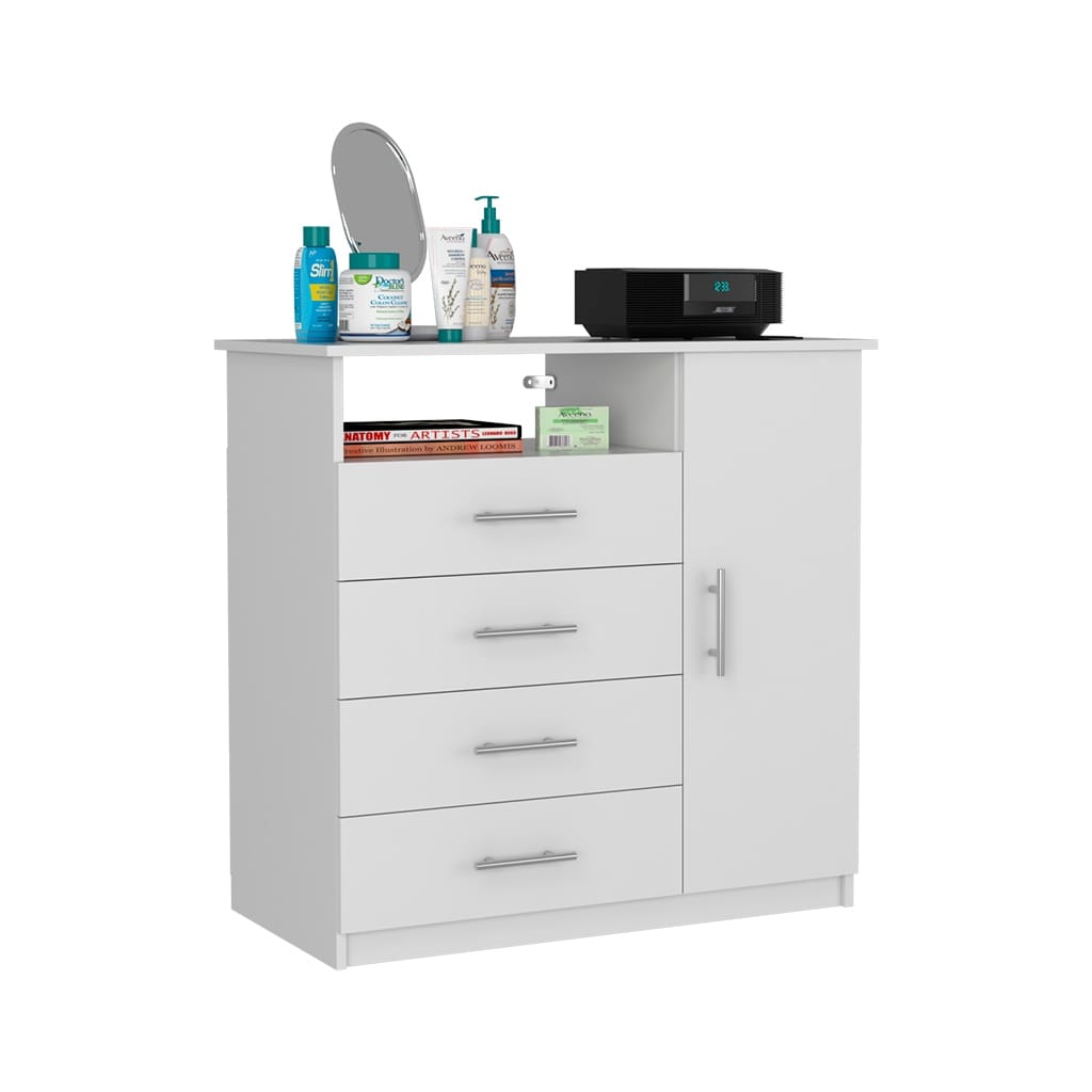 4 Drawer Dresser, One Open Shelf, Superior Top, Single Door Cabinet, White