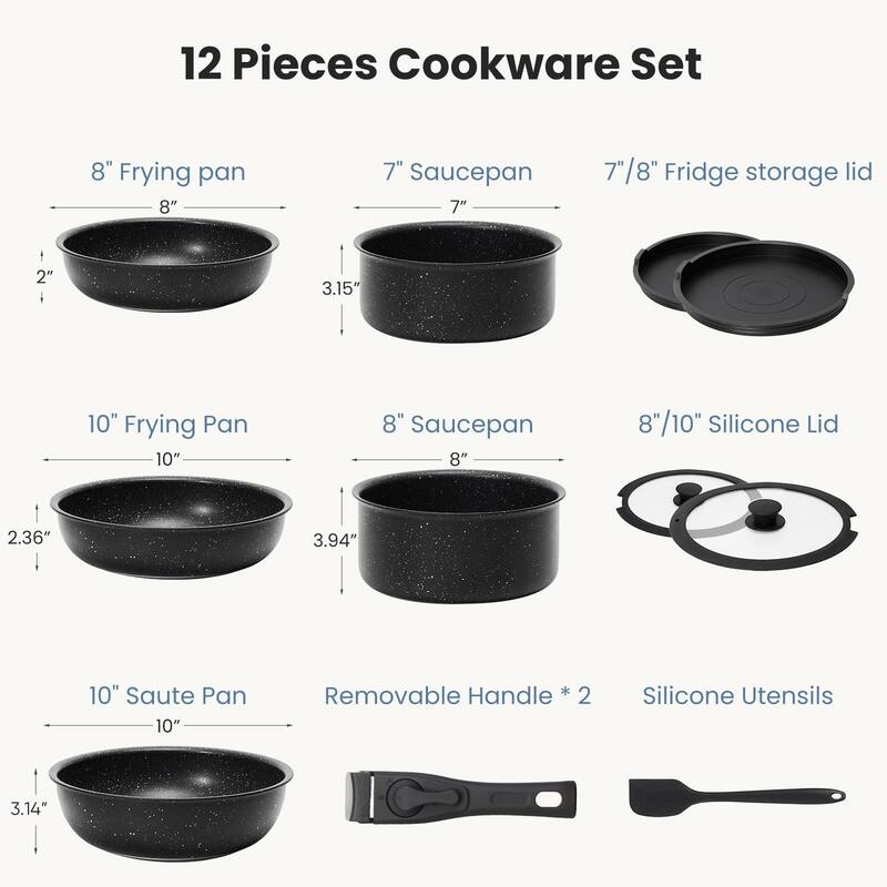 Rossetta 12-Piece Granite Non-Stick Kitchen Cookware Set with Detachable Handles