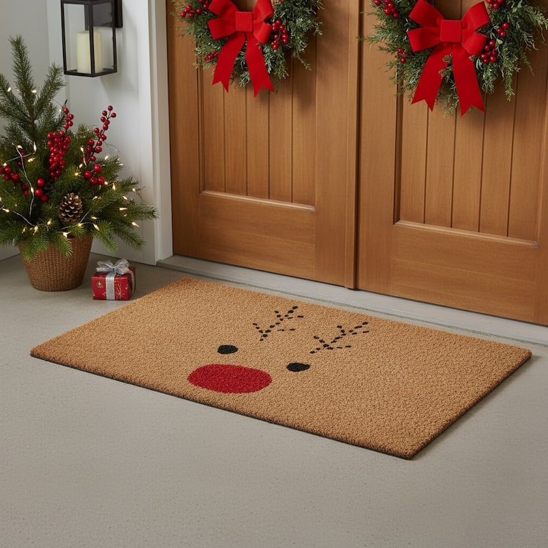 HomeRoots 24" X 48" Brown Red And Black Christmas Reindeer Outdoor Coir Door Mat - 24.00' X '48.00 - 24.00' X '48.00