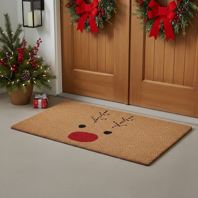 HomeRoots 24" X 48" Brown Red And Black Christmas Reindeer Outdoor Coir Door Mat - 24.00' X '48.00