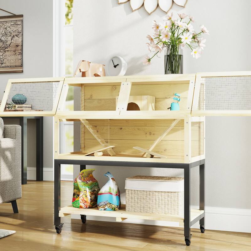 PawHut Hamster Cage with Storage Shelf, Wooden Rat Cage on Wheel, Small Aniaml Cage with Seesaws, Water Bottle, Hut & Ramps