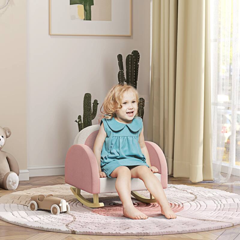 Pink Toddler Rocking Chair with Velvet Seat and Rainbow Pattern Crown Decoration for Bedrooms or Playroom