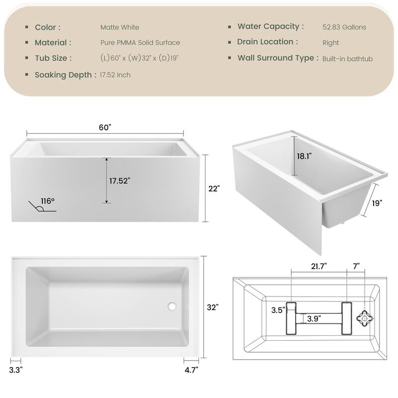 60 in. x 32 in. Acrylic Alcove Deep Soaking Bathtub with Right Drain in Matte White, Includes Chrome Cover & Metal Drain