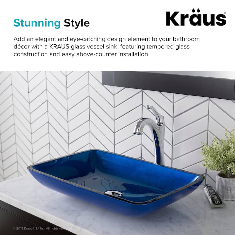 KRAUS Irruption Blue 22 in. Rectangle Glass Glass Vessel Bathroom Sink