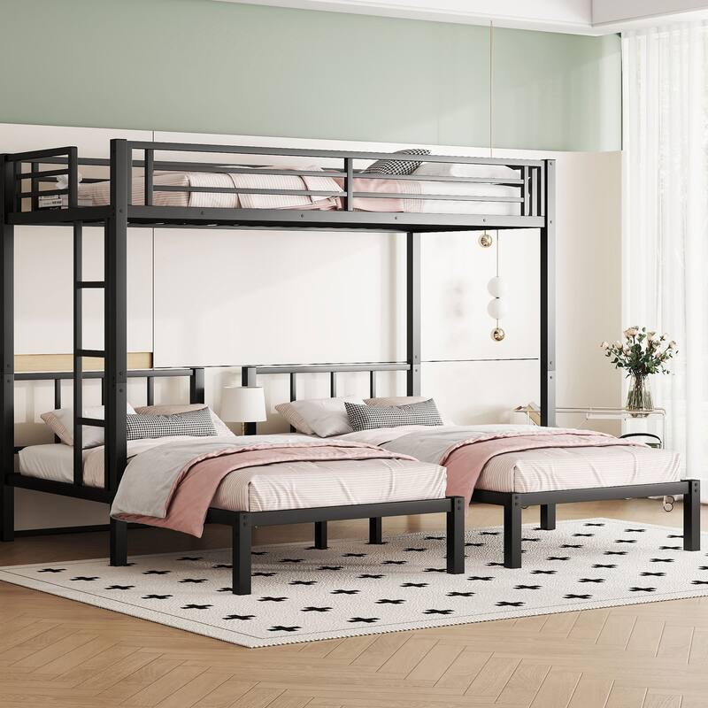 Detachable Triple Bunk Bed, Twin XL Over Twin, Metal Frame, Black with Ladder and Shelf - Black - Twin