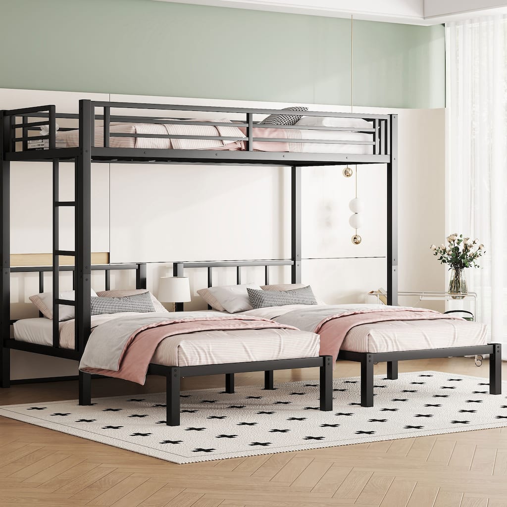 Detachable Triple Bunk Bed, Twin XL Over Twin, Metal Frame, Black with Ladder and Shelf