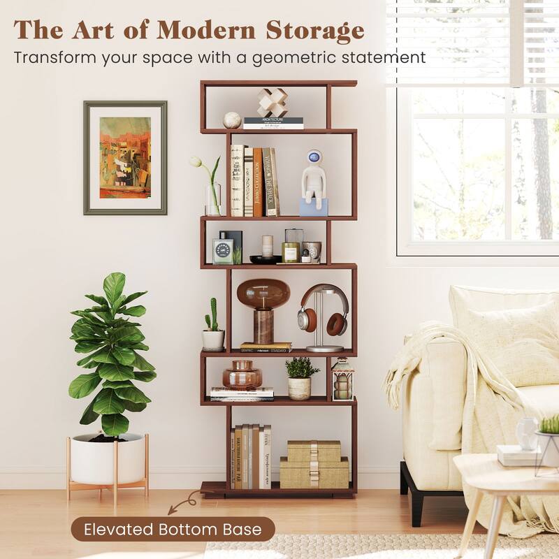 Engineered Wood 6-Tier S-Shaped Bookshelf with Anti-Tip Kits - 24" L x 8" W x 64" H