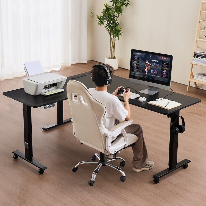 Black Particleboard Adjustable L Shaped Desk Table with USB Ports and Outlets
