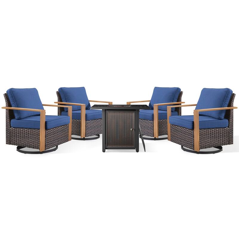 Meyreso 5-Piece Wicker Swivel Glider Metal Fire Pit Set with Plush 4.5" Olefin Cushions